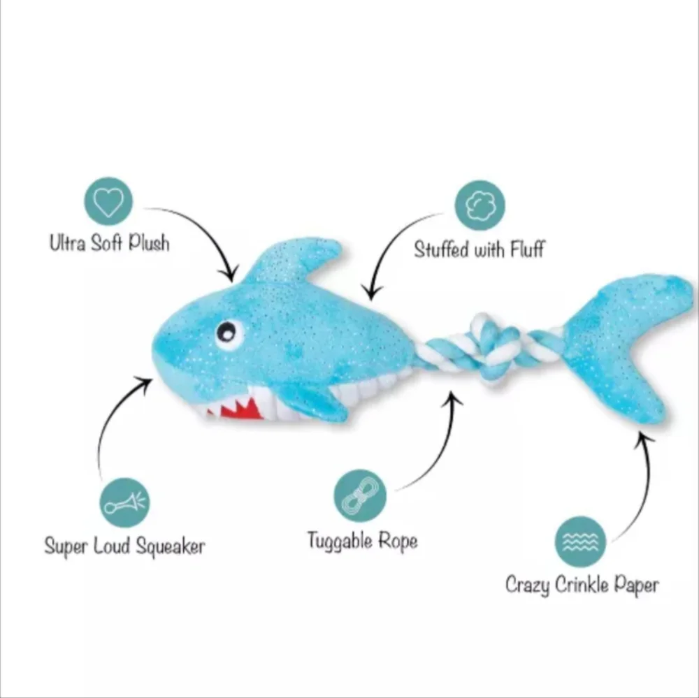 Pet Shop Stevey Shark Dog Toy Aqua-Blue Loud Squeaker, Crinkles & Tugs 4…